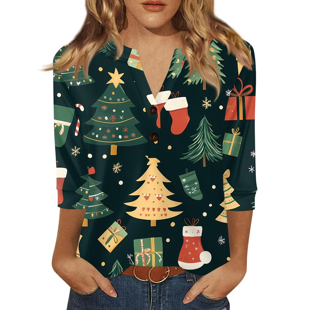 Женская футболка с рождественским принтом, на пуговицах, рукав 3/4, повседневная, выходного дня, модная, базовая, с V-образным вырезом, стандартный топ