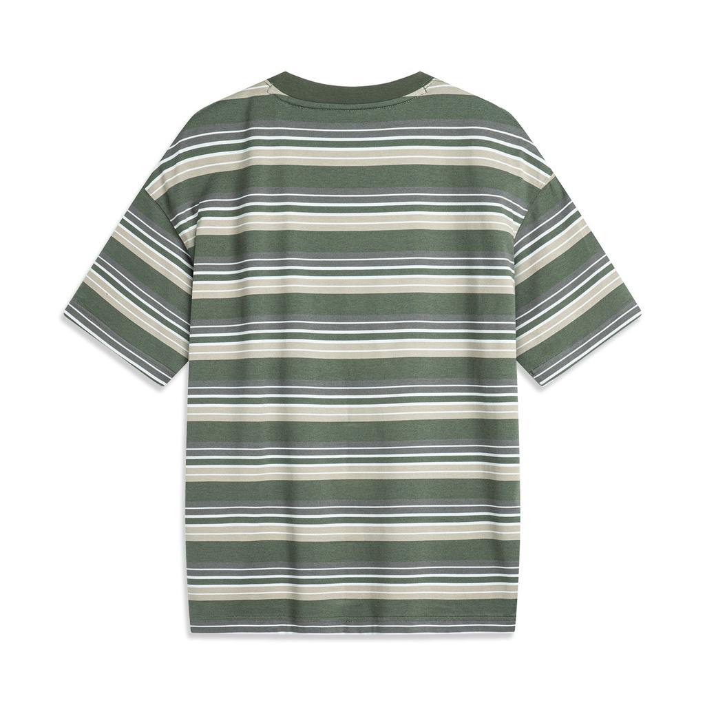 Li Ning CF Water Flow Full Print Striped Round Neck Pullover Comfortable Cool Loose Short Sleeve T Shirt Men T Shirts Dark-Green ATSU631-1