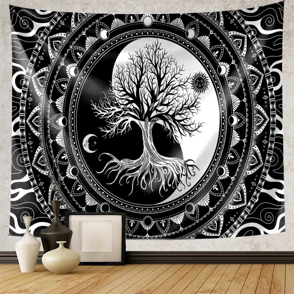 Зеленое древо жизни гобелен хиппи психоделическое солнце и луна настенное колдовство эстетическое украшение дома фон