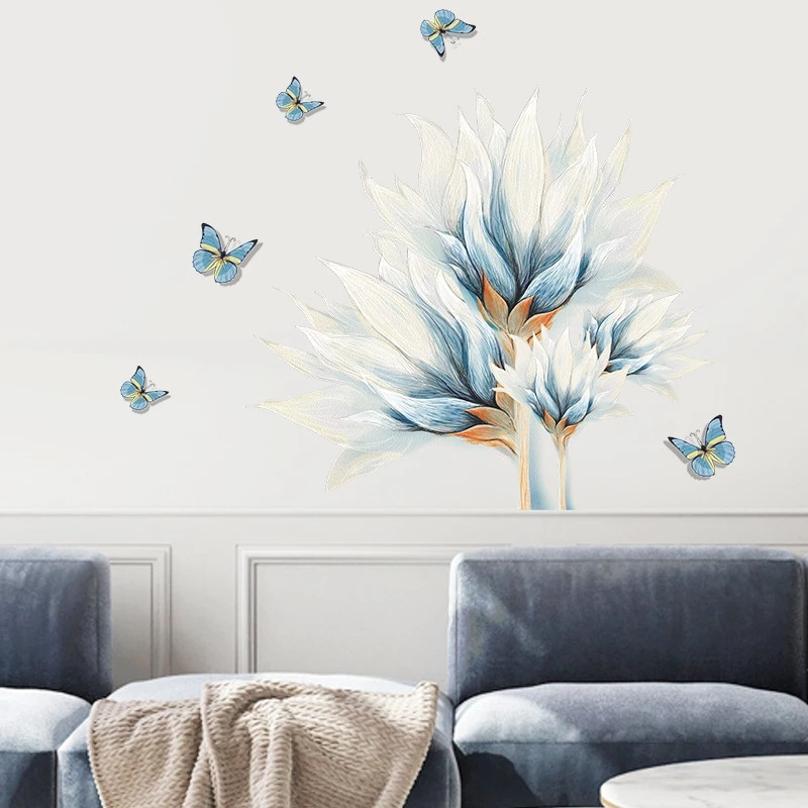 Watercolor Blue Flowers and Butterfly Wall Stickers for Living Room Bedroom Wall Decals Wardrobe Stickers PVC Removable Poster