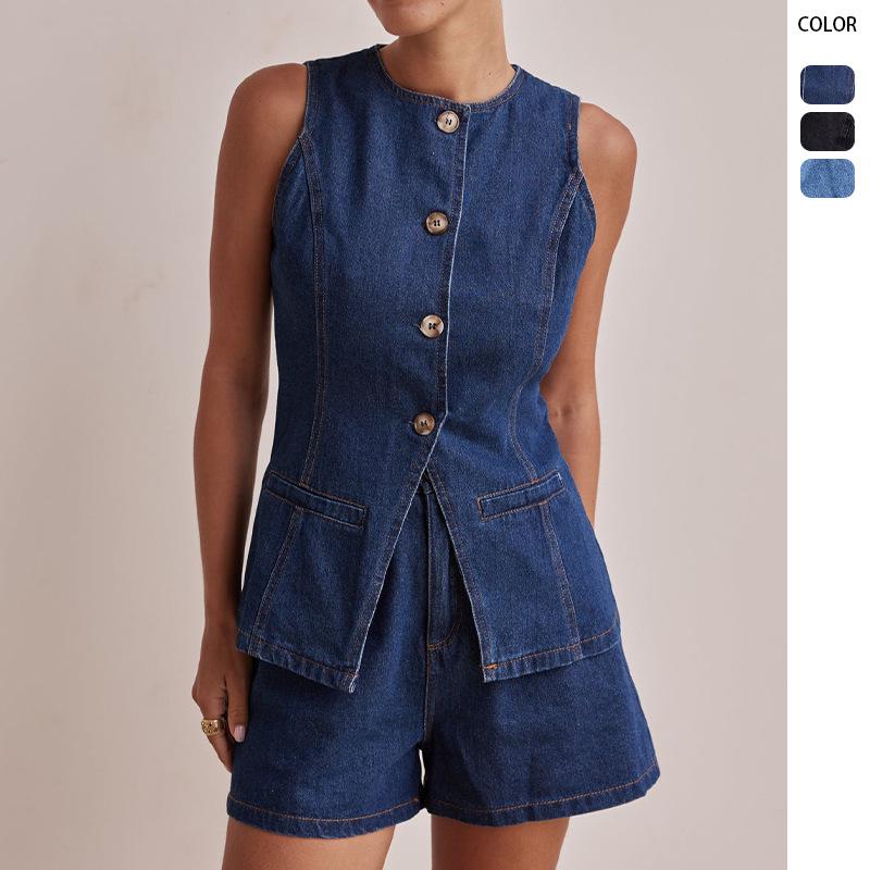 Spring/Summer 2025 European & American Fashion Sleeveless High Waist Loose Denim Shorts Set