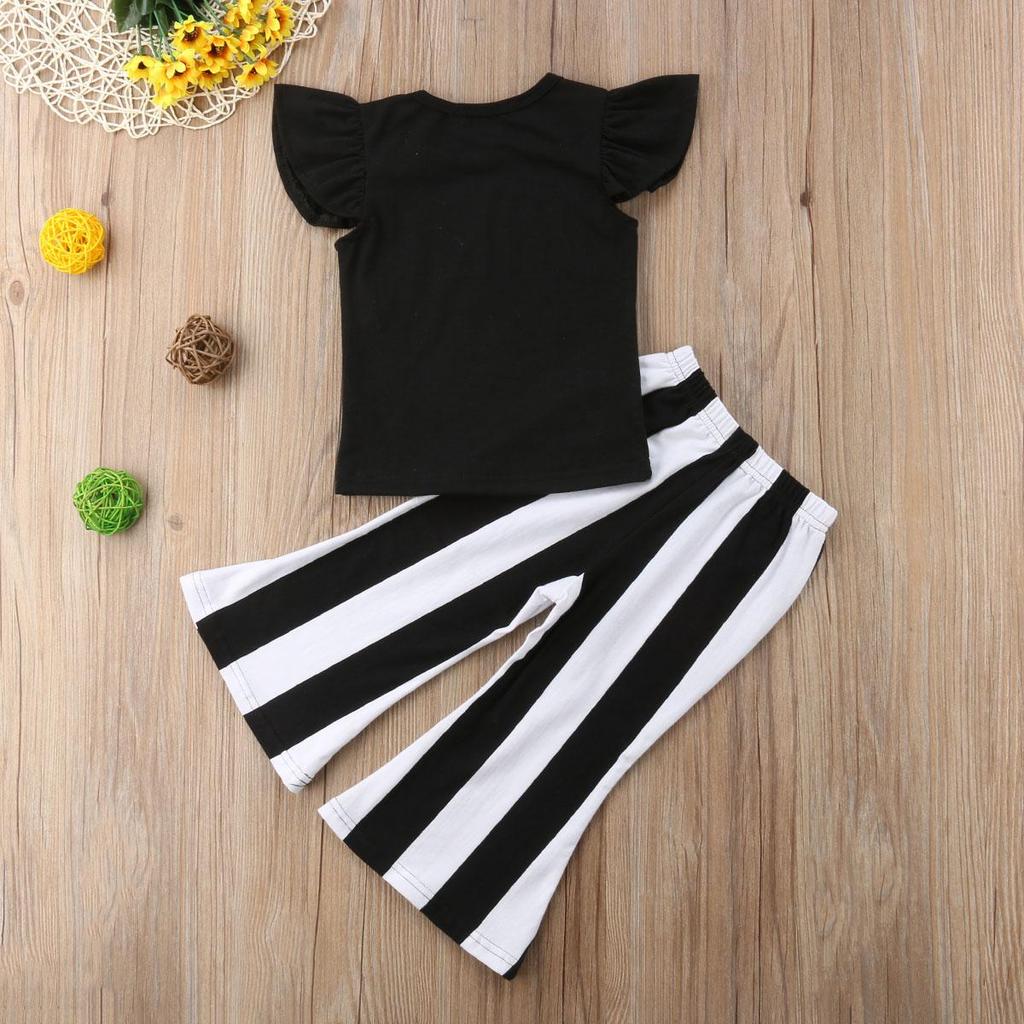 Baby Girls Summer Clothes Set Sleeveless Letter Print O-neck Ruffle Tops+Stripe Bell Bottom Pants Kids 2Pcs Casual Outfits