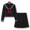 Sailor Suit Cosplay High School Girl Uniform Long Sleeve Pleated Skirt Plain Ribbon Set Black Sleeve [TUISKU] 3-Piece (Long M)