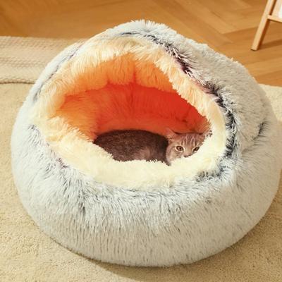 Круглая подушка для кошек, полузакрытая, для сна домашних животных, длинный, мягкий, плюшевый, 2 в 1, согревает, кровати для кошек, простое, комфортное, теплое гнездо для сна щенка