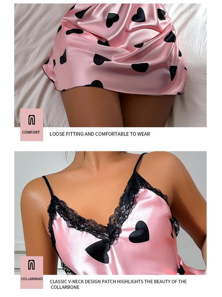 2024 Summer Ice Silk Nightdress: Sexy Backless Love Suspender Skirt for Home. Printed Breathable Short Skirt.