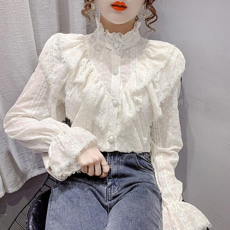 Fashion Ruffle Vintage Blouse Women Elegant Long Sleeve Lace Shirt Loose Chiffon Shirts Stand Collar Pleated Tops Blusas 15832
