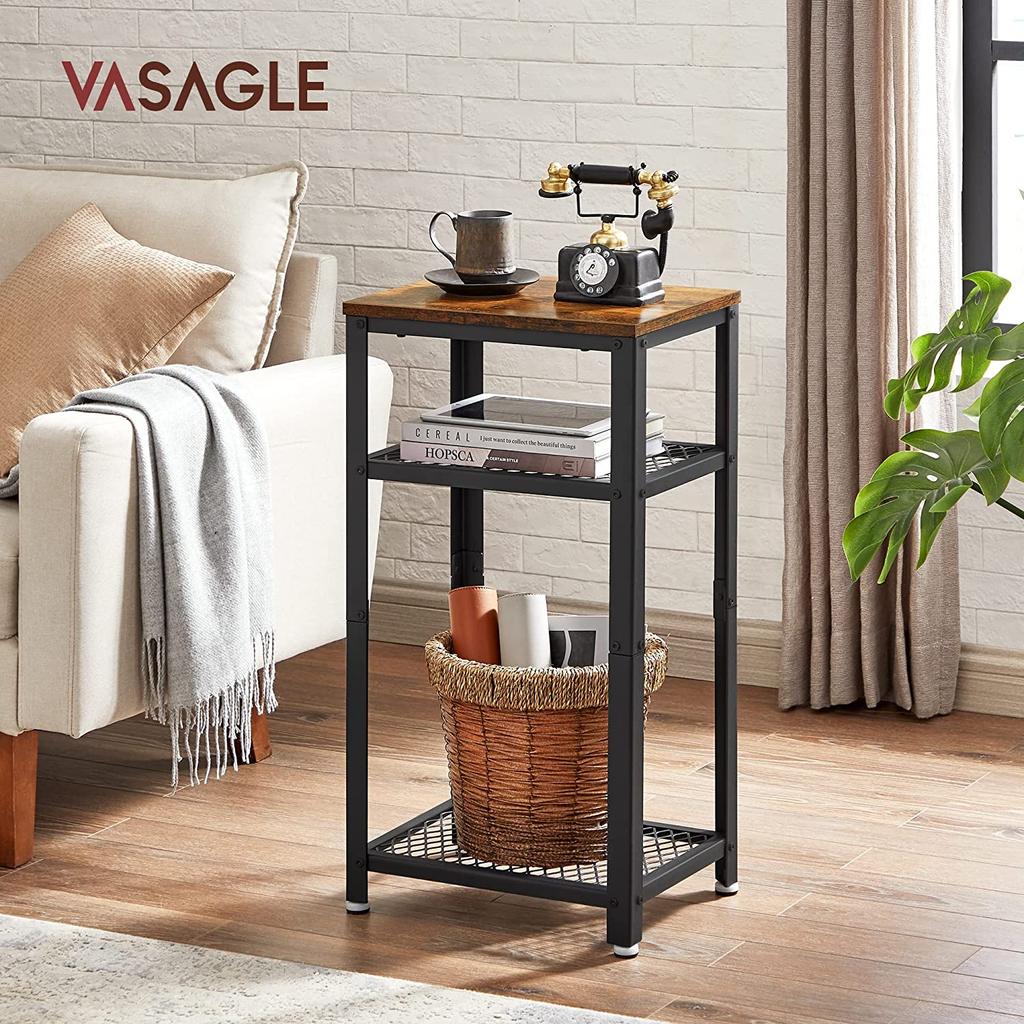 VASAGLE Vintage End Table, Side Coffee Table with 2 Mesh Shelves, Accent Table with Adjustable Feet, Stable Metal Frame and Easy Assembly ULET75BX