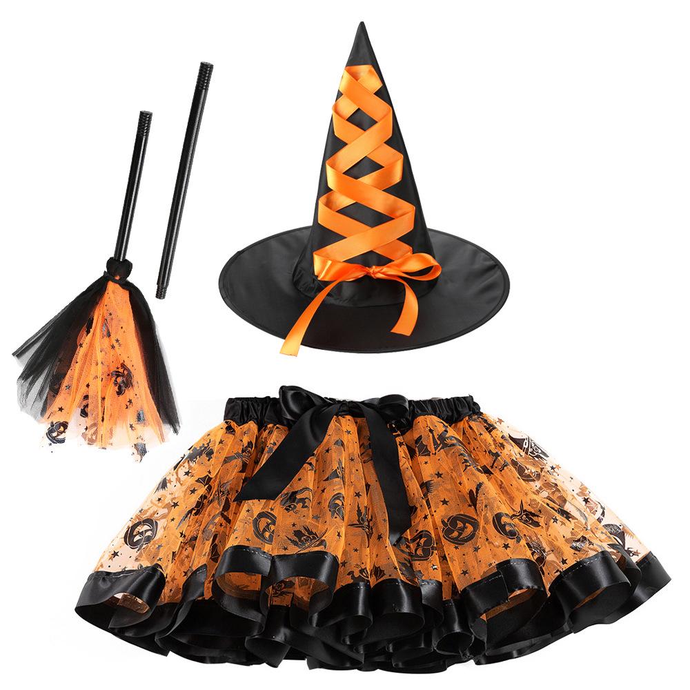 Girls' Halloween Tutu, Witch Hat & Broomstick Fluffy Skirt Set
