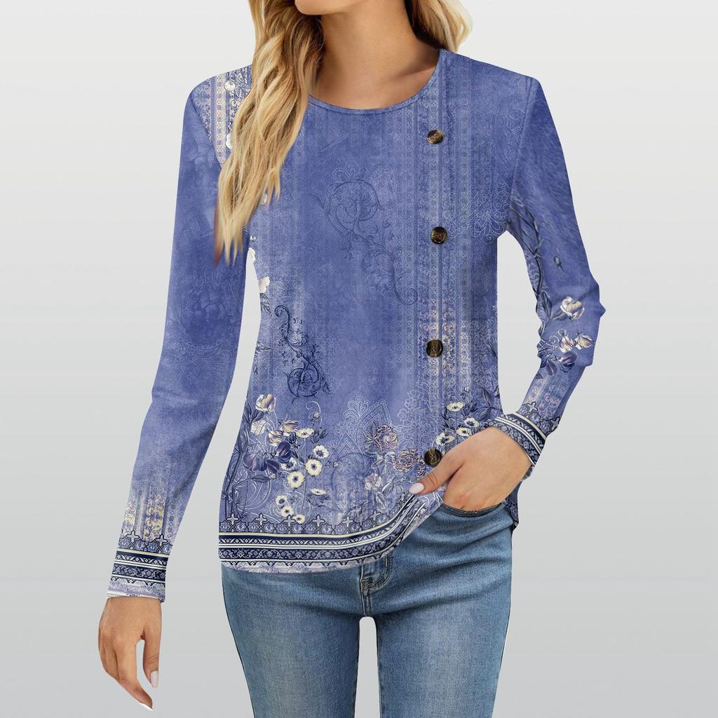 Women's Fashion Casual Round Neck Long Sleeve Printed T-Shirt Ladies Top