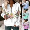 Women Fall Spring Sweatshrit Flower Print V Neck Zipper Decor Long Sleeve Pullover Soft Casual Thick Elastic Cuff Lady Top Blouse