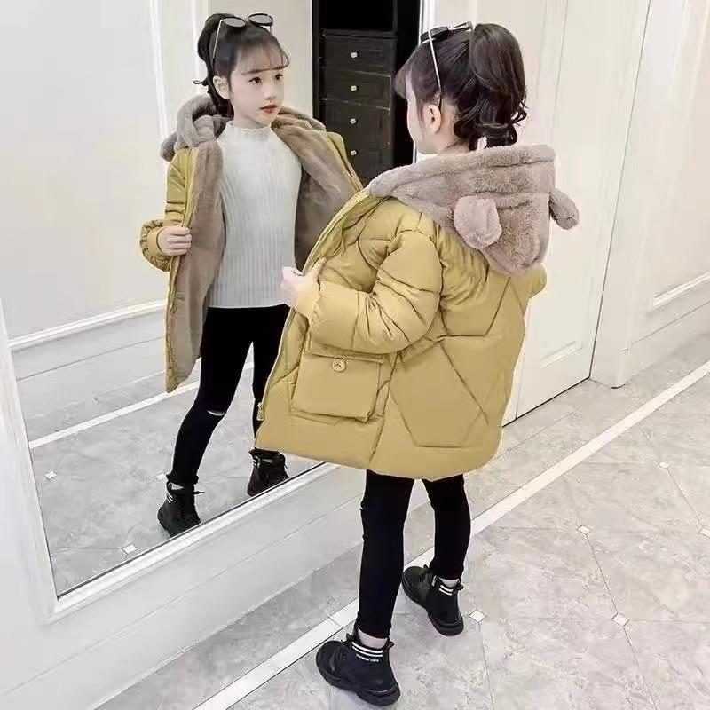 Girls Fall and Winter Padded Thickened Cute Loose Warm Jacket Plush Hooded Warm Jacket