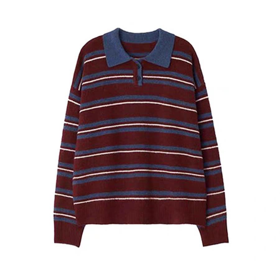 Ye Shuhua College Style Striped Lapel Knitwear Top for Women - Autumn Winter Thick Loose Fit.