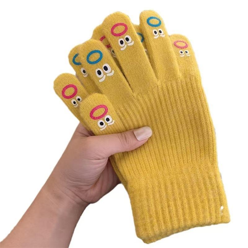 Autumn and Winter Warm Knitted Gloves for Students Cycling Creative Funny Five-finger Expression Full-finger Gloves