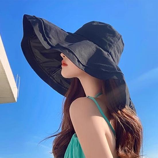 Женская рыбацкая шляпа с большими полями, защита от солнца, анти-УФ-складная, однотонная, ветрозащитная, с ремешком, термостойкая виниловая кепка для путешествий, пляжа, улицы