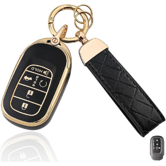 TPU Key Fob Cover with Leather Keychain, Compatible with Honda Accord Civic HR-V CR-V Pilot Sport SI EX EX-L Touring 2024 2025 2026, 4/5 Button,