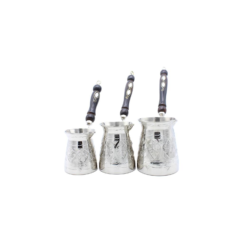 Газиантеп ручной работы с деревянной ручкой Медный кофейник Серебряный цвет 3 шт. Набор кофейников