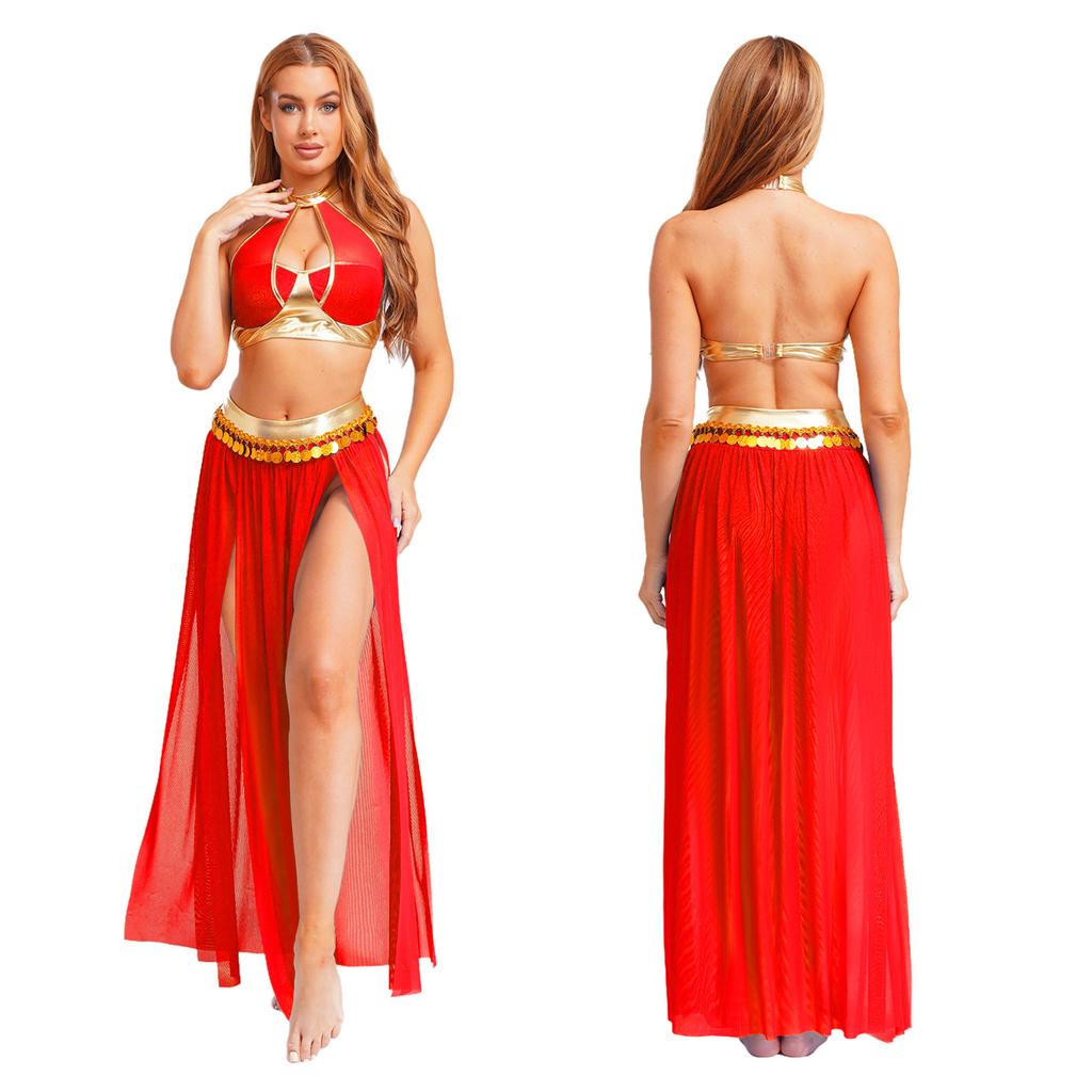 Women's Sequin Tassel Belly Dance Set - Halter Backless Crop Top & Split Mesh Skirt for Halloween