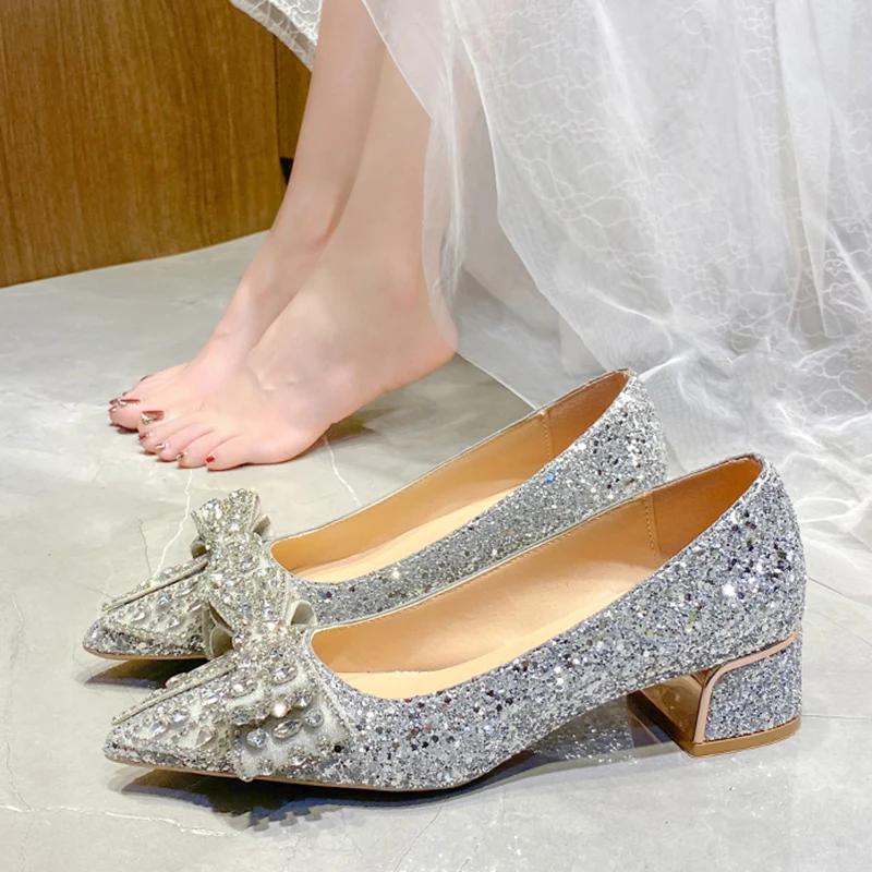 Shiny Crystal Bowknot Pumps Women 2024 New Thick Heels Rhinestone Wedding Party Shoes Woman Gold Silver Sequin Pointed Toe Pumps