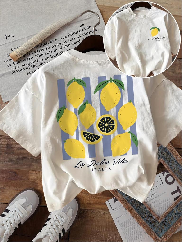 La Dolce Vita T Shirt Funny Lemon Fruit Graphic Purple Stripes Italian Style Unisex Harajuku Loose Short Sleeve Summer Tops