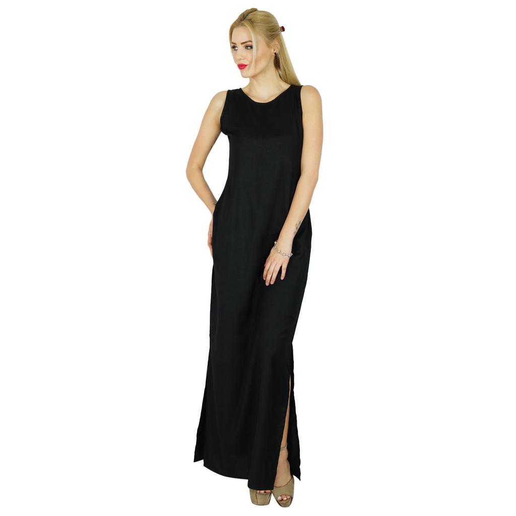 Bimba Women Long Black Maxi Dress Side Slit Casual Wear Comfort Rayon
