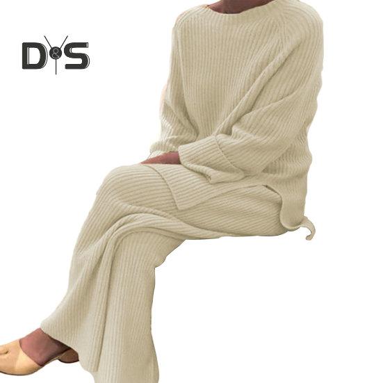 Женский комплект из 2 шт./компл., свитер, брюки, вязаный эластичный круглый вырез, свободный, с широкими штанинами, с эластичной резинкой на талии, толстый, мягкий, теплый, домашняя одежда, одежда для сна, женская зимняя осень