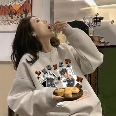 Повседневная спортивная куртка с круглым вырезом для женщин, свободный ленивый стиль, приталенная, в стиле ретро, толстовка с мультяшным принтом для женщин, новый стиль осень-зима