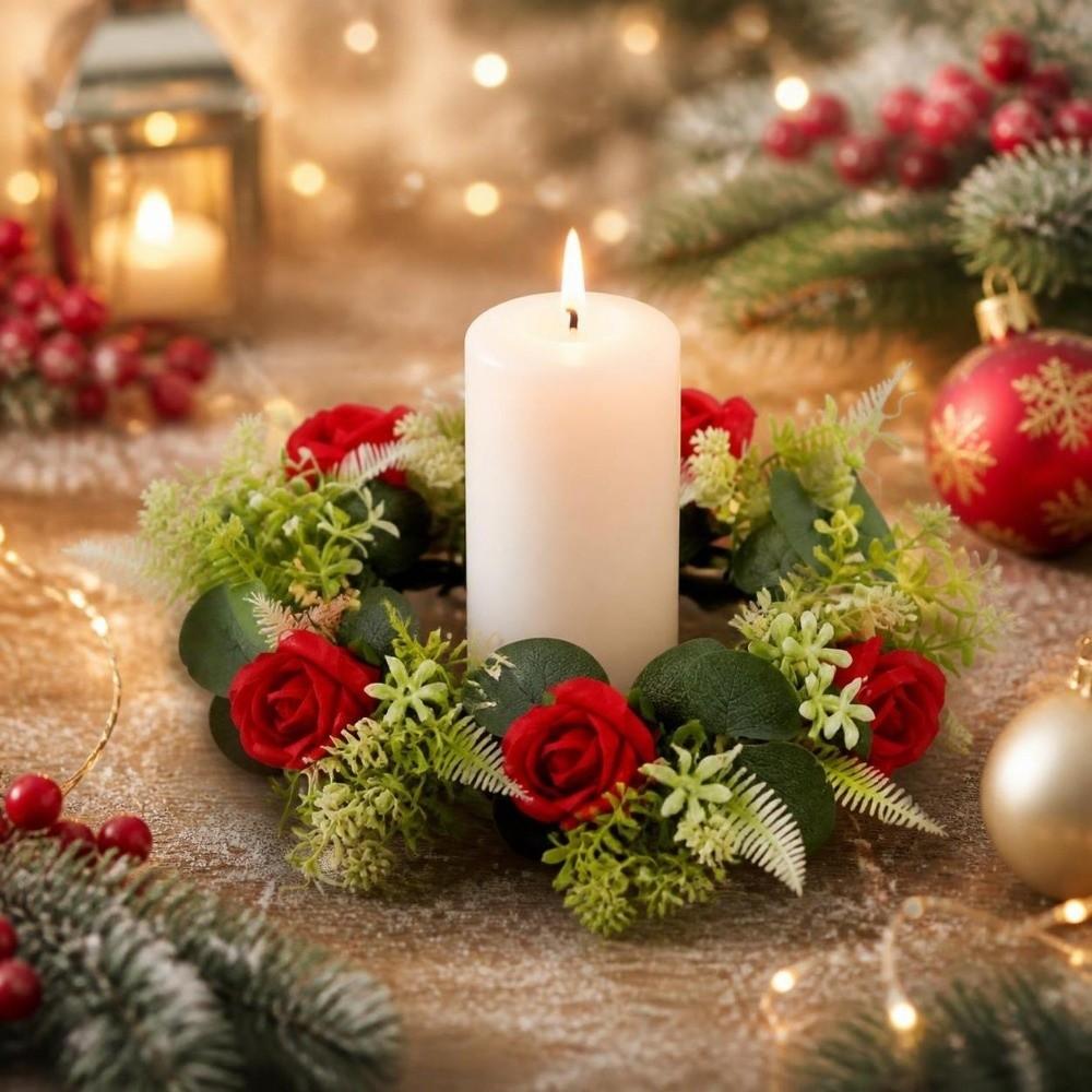 Rose Pillar Candle Holder Artificial Green Leaves Christmas Candle Rings Party