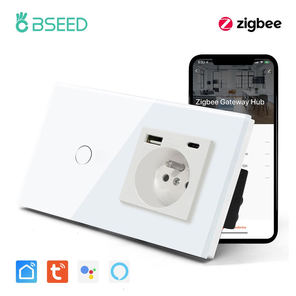 BSEED Zigbee Touch Switches 1/2/3Gang Tuya Smart Life Alexa App Control With French Wall Sockets Type-c USB Charging Ports