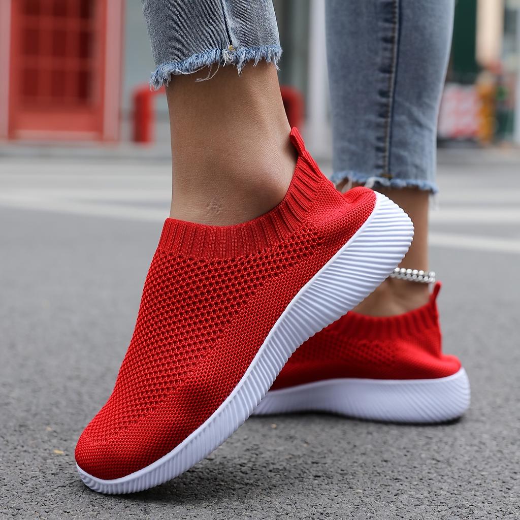 Women's Solid Color Flying Woven Sneakers, Casual & Breathable Slip On Outdoor Shoes, Lightweight Low Top Running Shoes