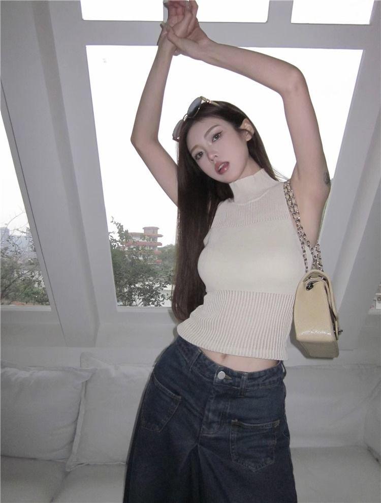 Летний пикантный топ-майка без рукавов с высоким воротом, вязаный кроп-топ - Женский французский ажурный короткий верхний слой