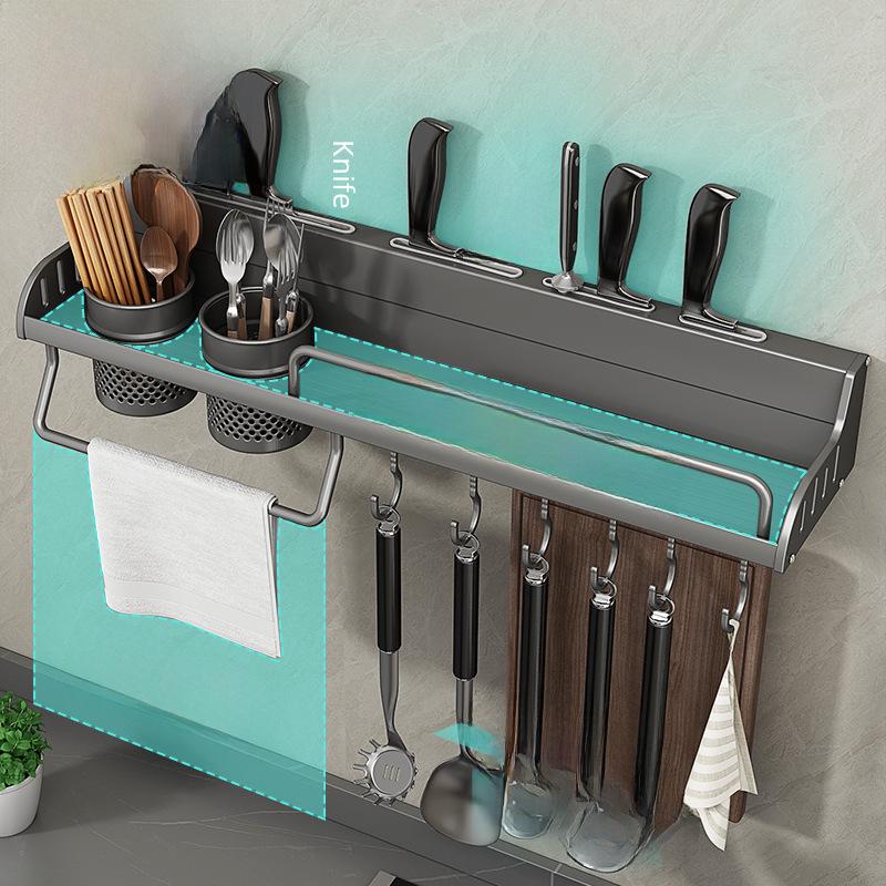 Punch-Free Wall-Mounted Kitchen Storage Rack: Seasonings, Chopsticks, and Knife Holder.