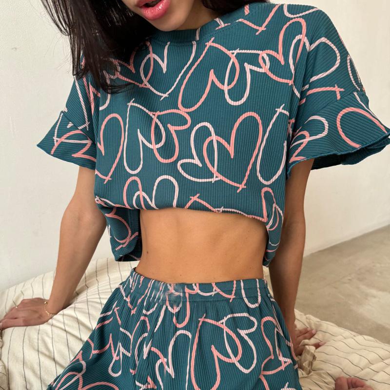 Summer Ladies Casual Printed Suit Lotus Leaf Short-sleeved Round Neck Shorts Pajamas Two-piece Suit