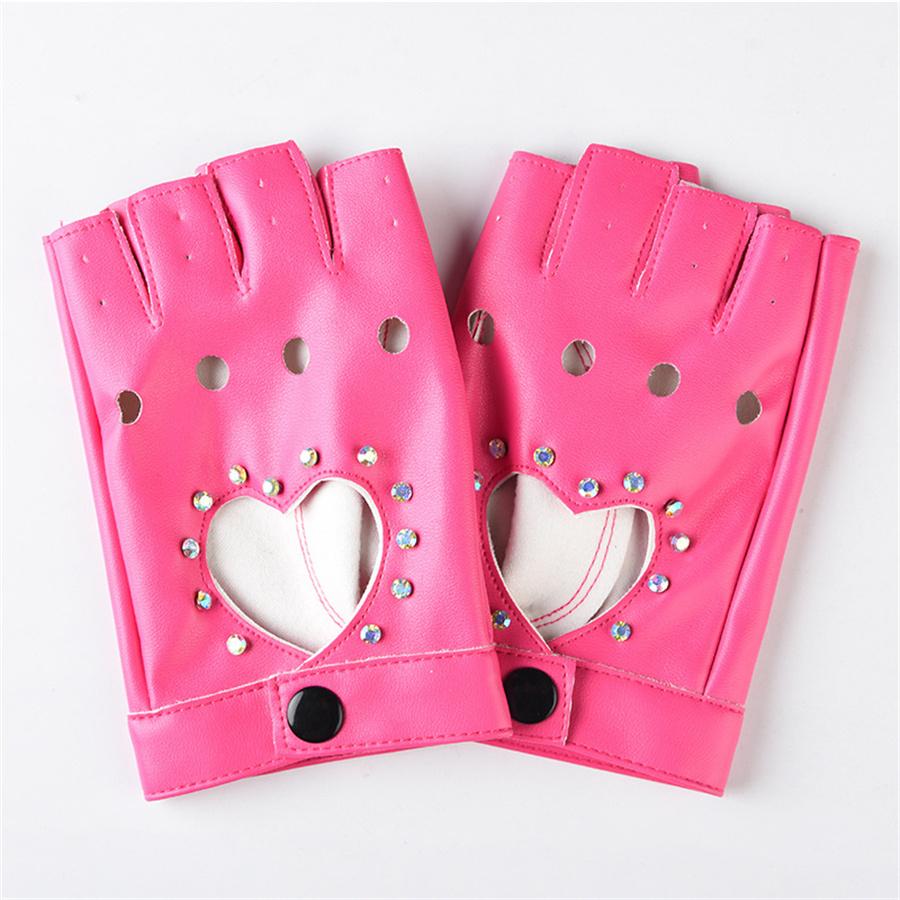 Women Heart Cutout Rhinestone Fingerless Gloves, Punk Faux Leather Half Finger Gloves for Dancing, Cosplay, Biking, Party, Performance