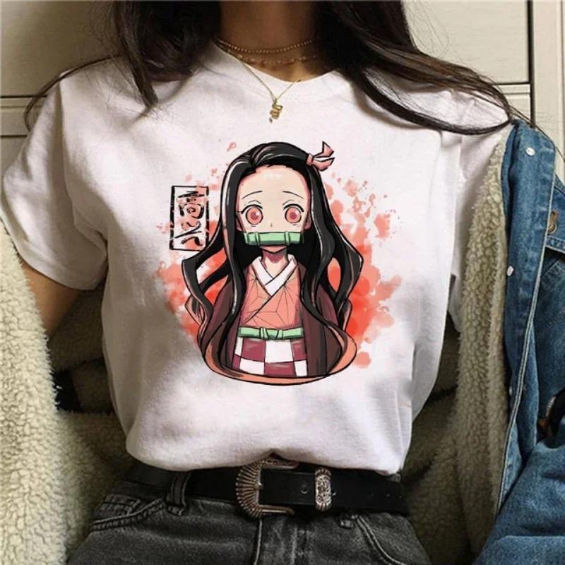 Japanese Anime T-shirt Demon Slayer Oversize Women Clothing Nezuko Kawaii Tees Tanjirou O-Neck Graphic Female Tshirt Manga Tops