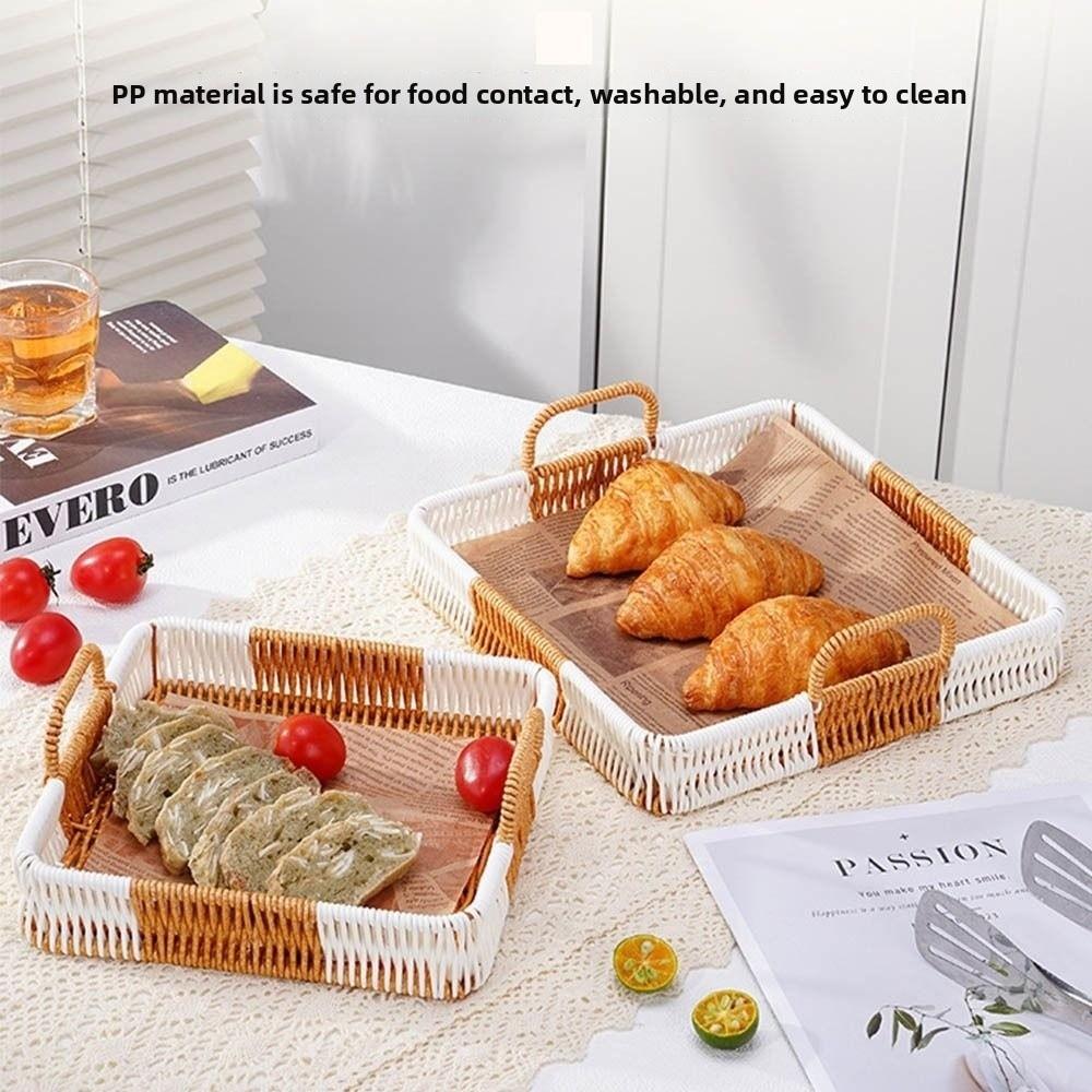with Handles Woven Serving Basket Washable Imitation Rattan Fruit Plate Kitchen Storage