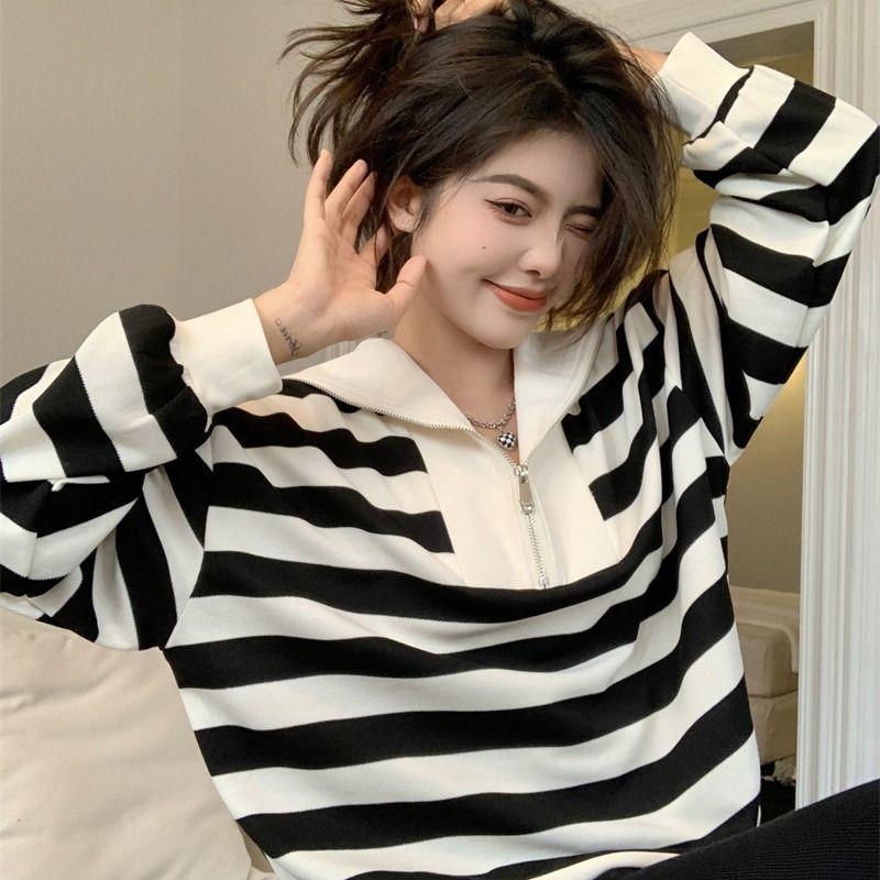 Повседневная полосатая толстовка с темно-синим воротником, женская осенняя корейская версия, дизайнерская свободная пуловерная рубашка большого размера с длинным рукавом, оригинальные женские топы