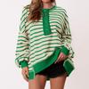 Women's Fashion Striped Round Neck Long Sleeve Button Top Color Blocked  Pullover Sweatshirt Top