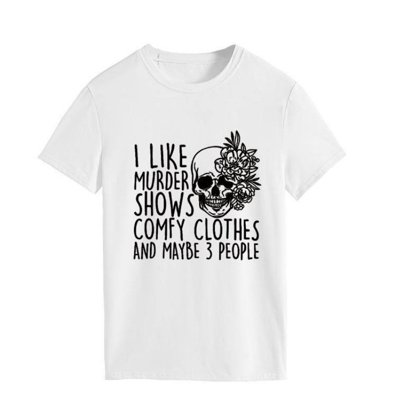 Hooded Simple Round Neck Top T-shirt I LIKE MURDER Printed Loose Round Neck Pure Cotton Short Sleeved Shirt T-Shirts Women’s