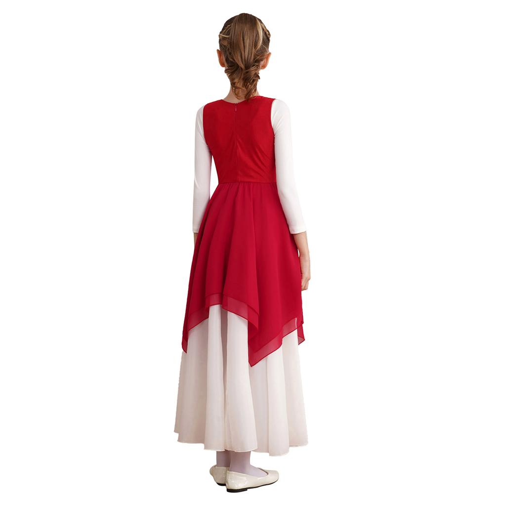 Girls Worship Liturgical Celebration Costume Color Block Sleeveless Asymmetric Hem Lyrical Dance Dress