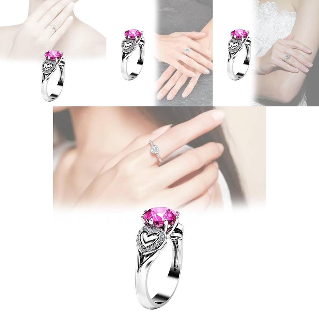 Fashionable Heart Shaped Pink Zircon Crystal Ring With Silver Plated Adjustable Band For Women