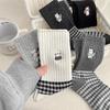 Kitten Embroidery Cartoon Plaid Mid-Calf Women's Socks - Preppy Style Japanese Checkered Stripes for Autumn/Winter