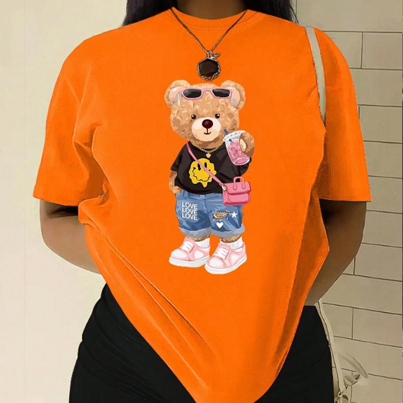 Модная женская футболка с милым мультяшным плюшевым мишкой, забавная повседневная футболка с круглым вырезом и короткими рукавами, летняя женская футболка