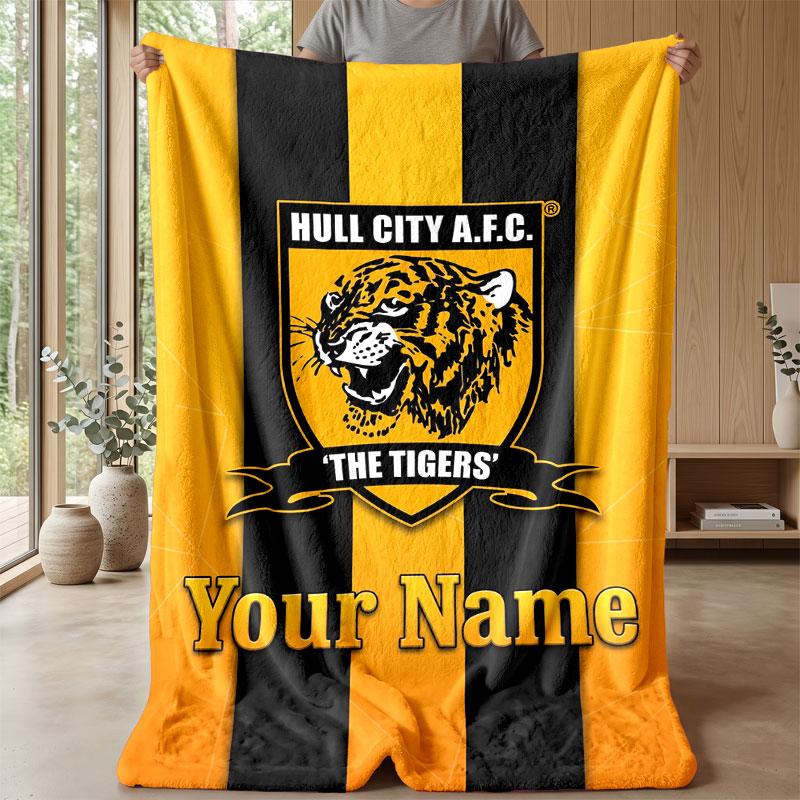 Hull City Custom Name Text Flannel Blanket Soccer Logo Personalized Fleece Throw Blanket Special Gift For Sofa Bedroom Home