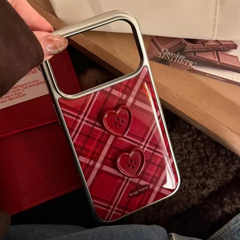 Ретро Винно-Красный Клетчатый Узор Объемная Кнопка-Сердечко Ударопрочный Чехол для Телефона для iPhone 17 16 15 14 13 12 Pro Max Plus Air