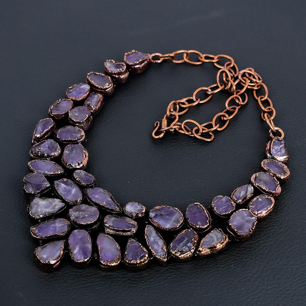 Аметистовое ожерелье, ювелирное украшение из драгоценного камня, ожерелье из электроформованной меди, подарок для женщин, ожерелье ручной работы