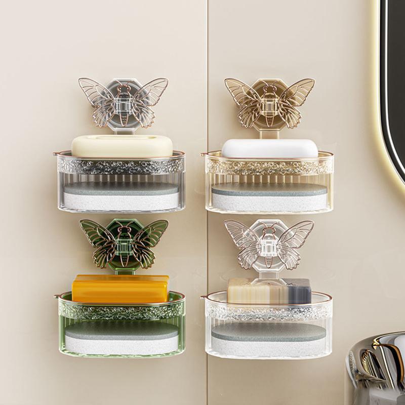 Мыльница на присоске с дизайном бабочки, двухслойная мыльница с губкой и дренажем, полка для хранения мыла без сверления