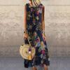 Summer Beach Cotton Linen Retro Plus Size Loose A Line Floral Printed Long Dress Round Neck Sleeveless Dresses for Women