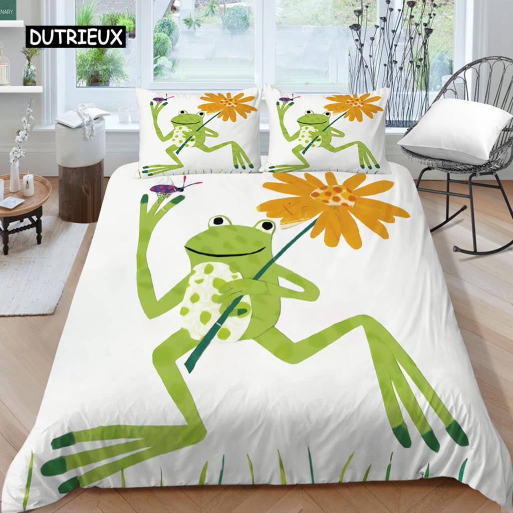 Комплект постельного белья с изображением животных лягушек размера King Queen, зеленый, милый комплект постельного белья с изображением лягушек из мультфильма для детей, женщин, украшения для спальни