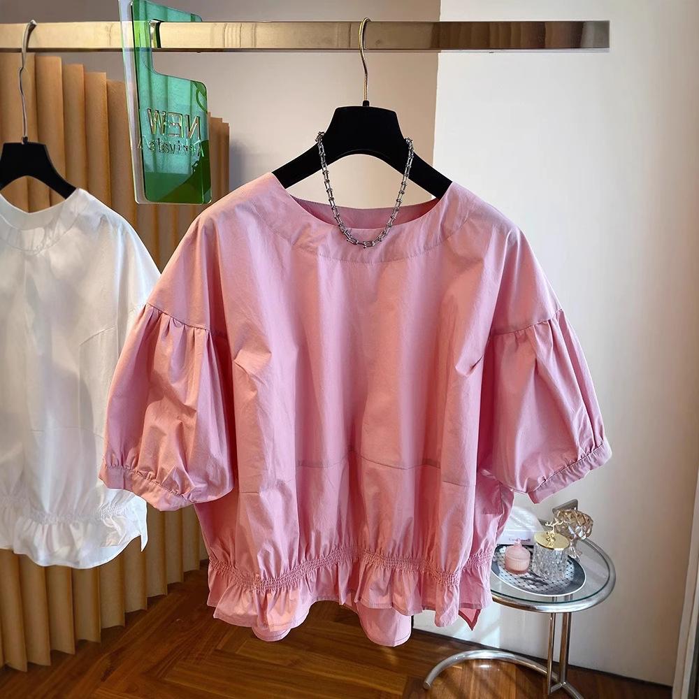 1116 Summer New Loose Pullover Waist Crew Neck Shirt Women's Short Sleeve Bubble Sleeve Short Doll Shirt Top
