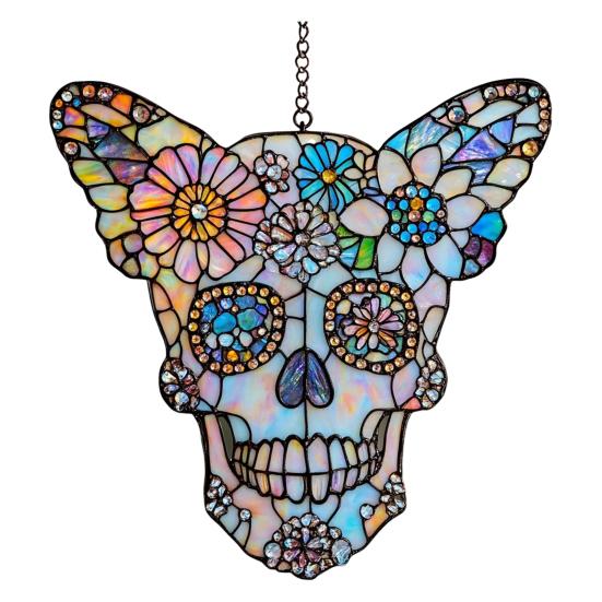 Colorful Skull Suncatcher Sun Catcher Skull Light Trap Window Hanging Decoration with Rhinestones Flowers Butterflies Unique Gothic Boho Decor Gift